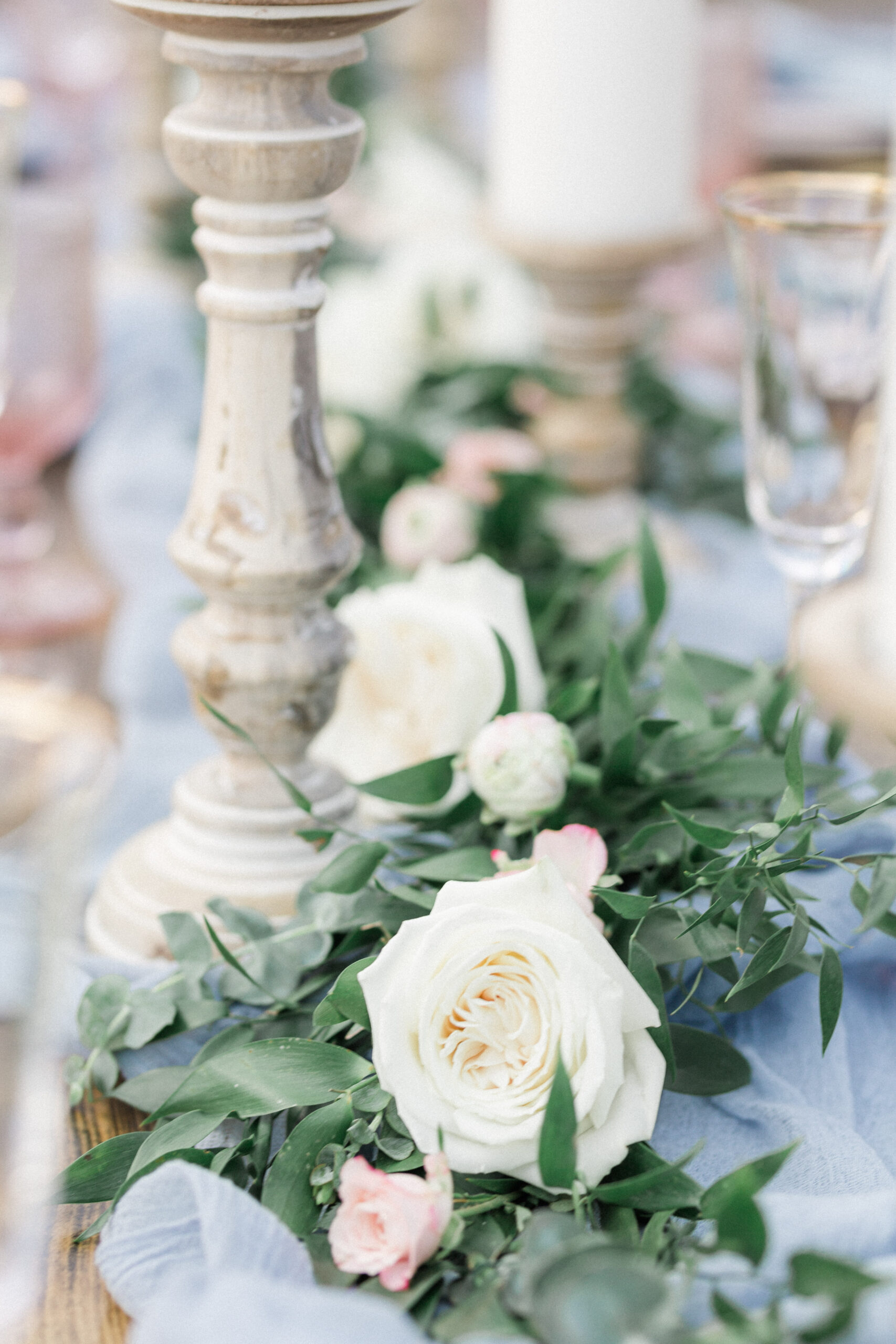 Fresh Greenery and rosse table runner Newport wedding flowers